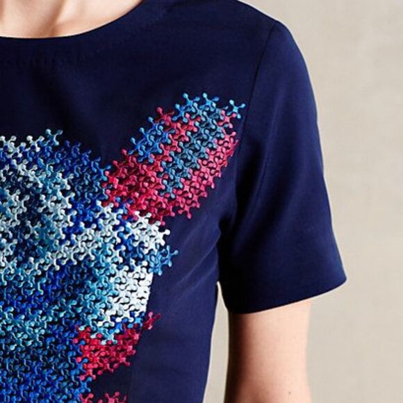 Anthropologie Midnight Garden Pencil Dress Blue Embroidered Pixelated Flower - Picture 3 of 3